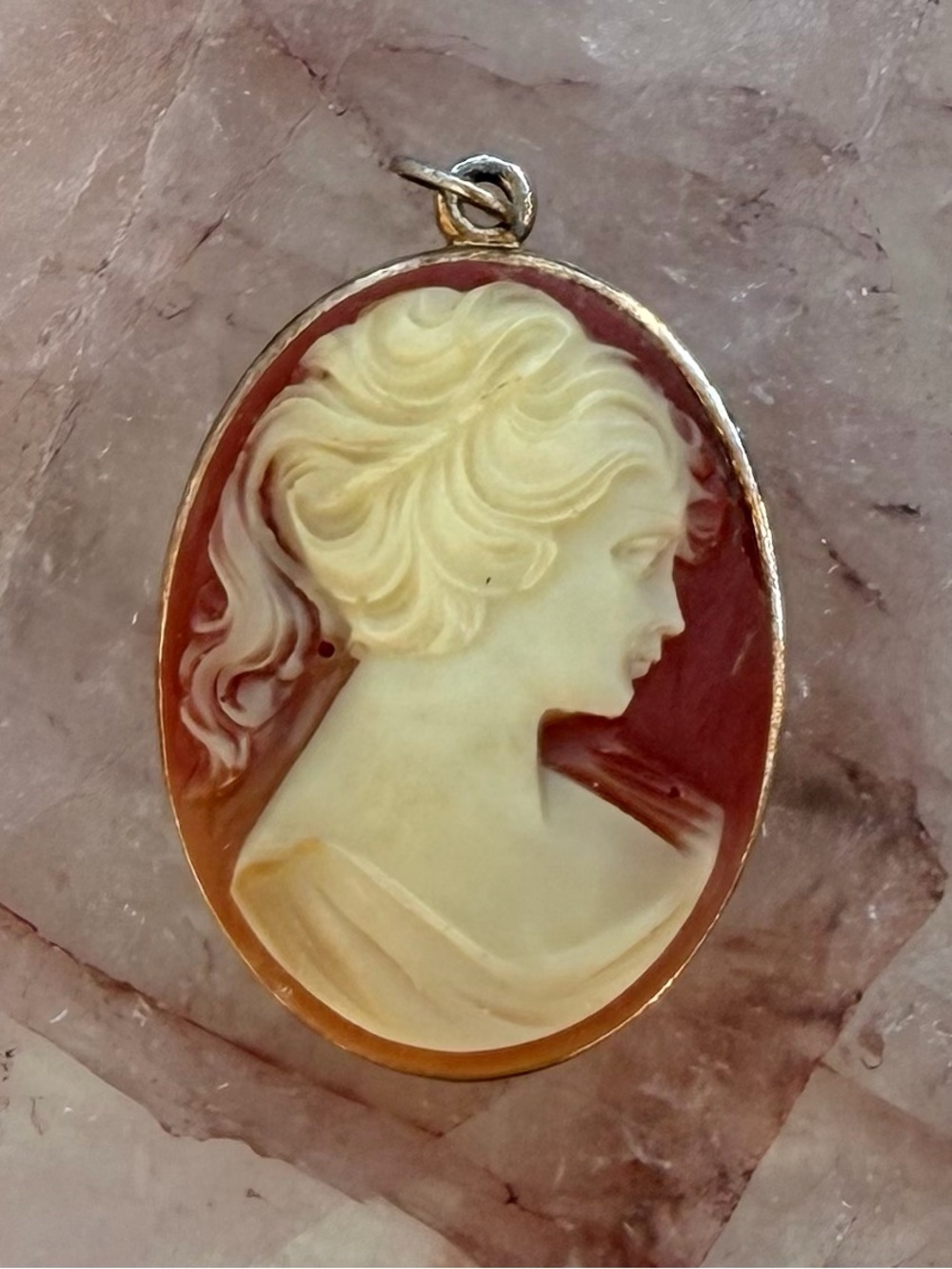 Cream and Orange Oval Cameo Profile Portrait Pendant